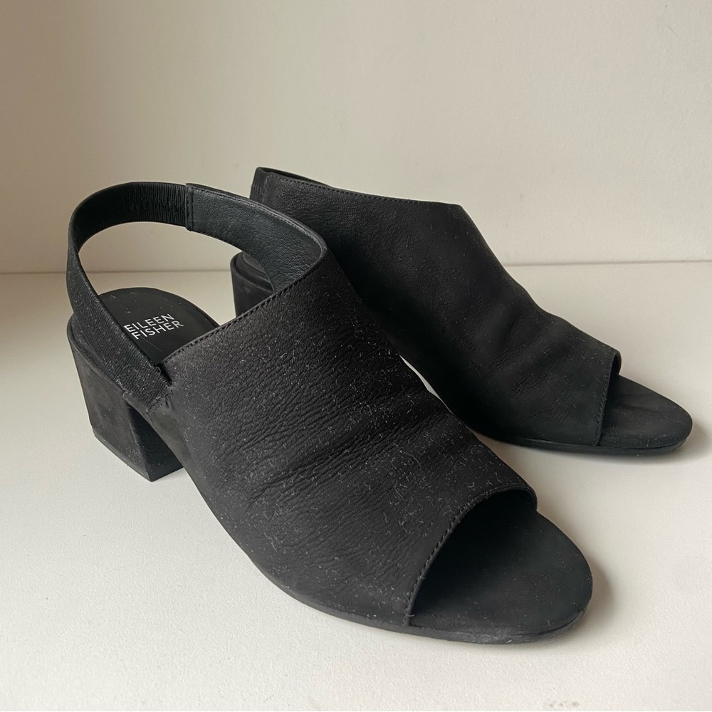 Black Eileen Fisher Nubuck open-toed heels Size 9M.